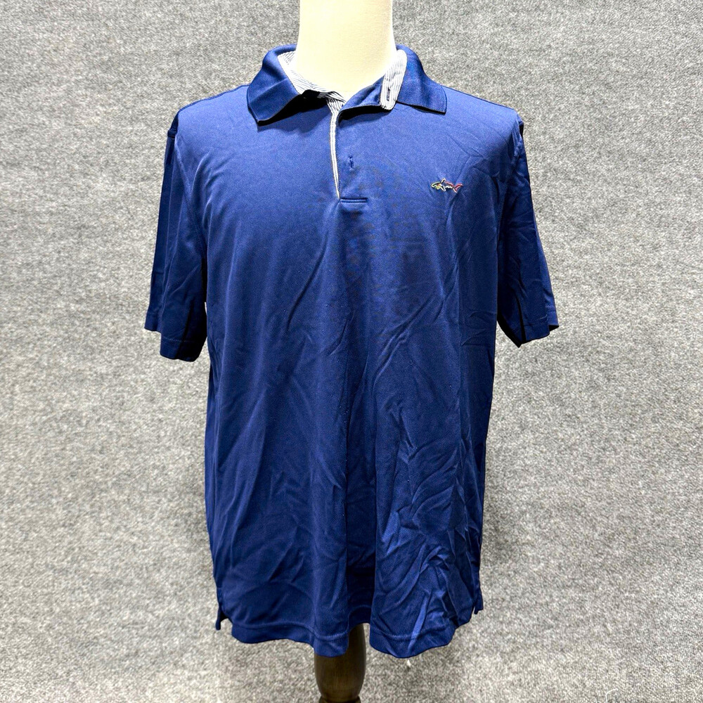 Greg Norman Play Dry Polo Shirt Men's Navy Blue Striped Collar Golf Short Sleeve
